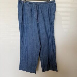 LL Bean Women Chambray Pants Large‎ Pull On Casual Wide Leg Capri Lagenlook